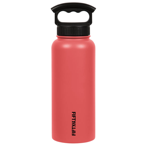 variant:42518400991424 Fifty/Fifty 34oz Insulated Bottle with Wide Mouth 3-Finger Lid - Coral