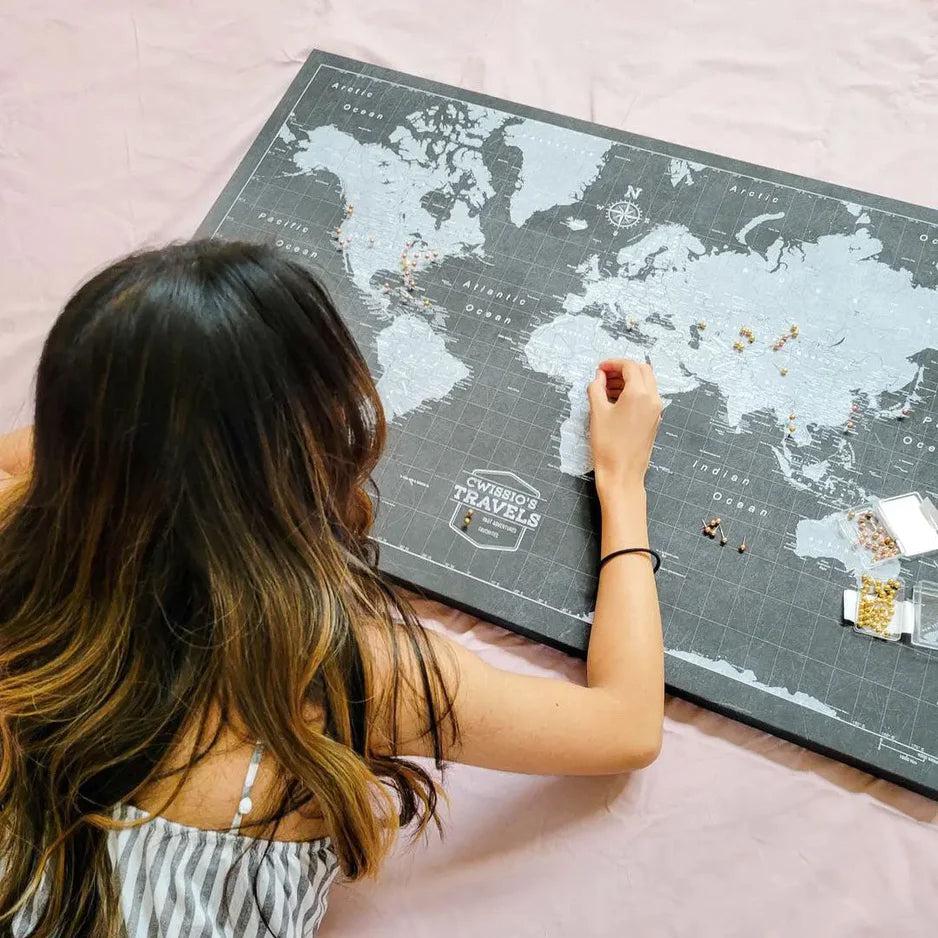 World Travel Map Pin Board with Push Pins. Where have you already